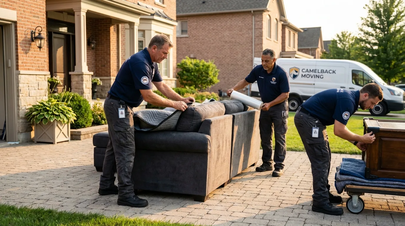 Large estate moving crew wrapping furniture in Woodbridge, CT