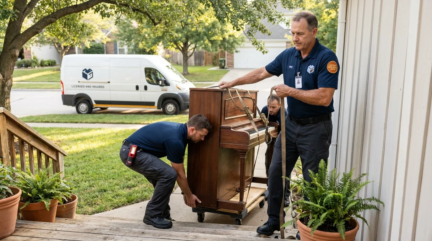 Licensed piano movers securing grand piano in Woodbridge, CT