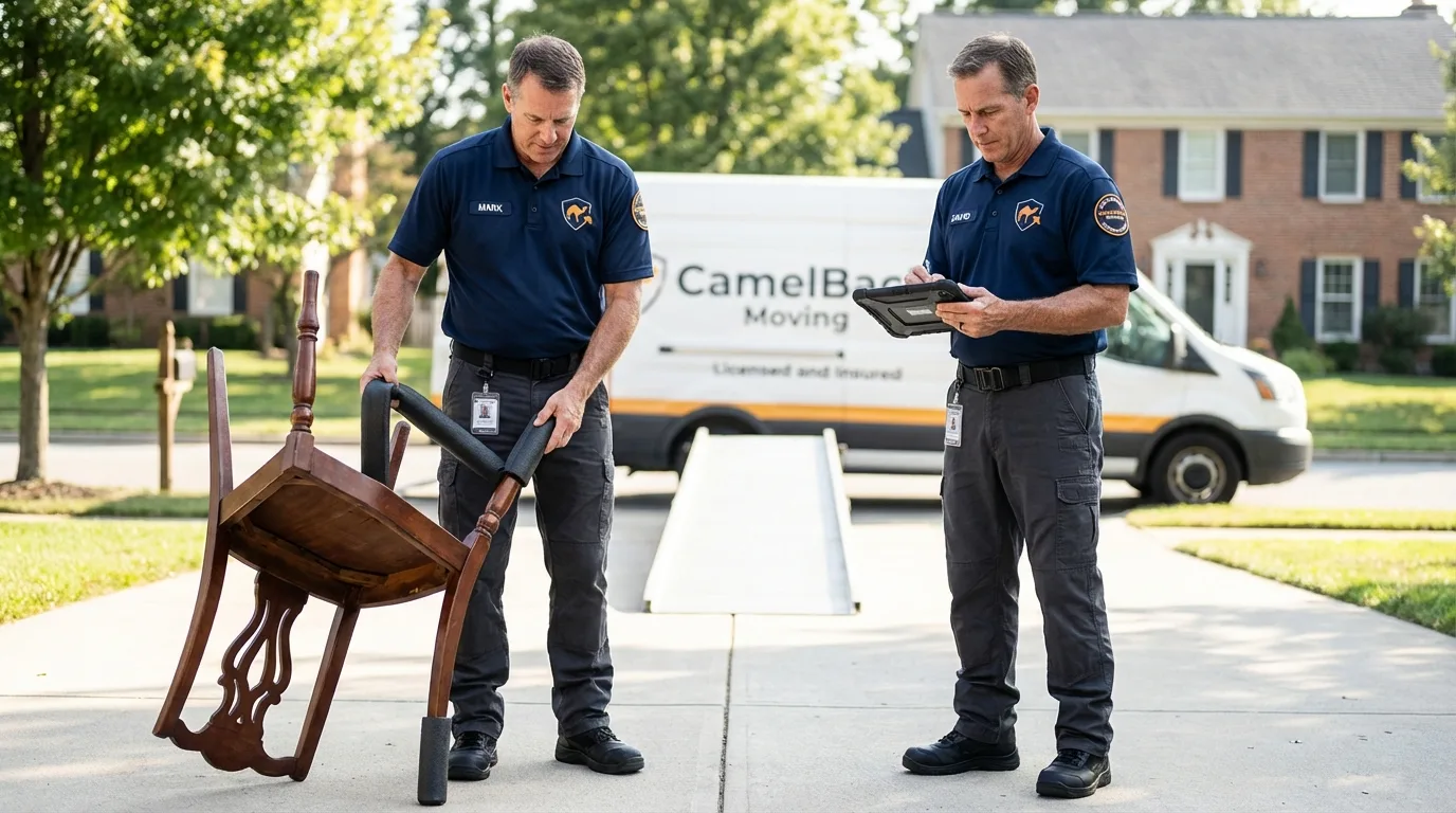 Movers inspecting furniture for damage prevention before loading in Woodbridge, CT