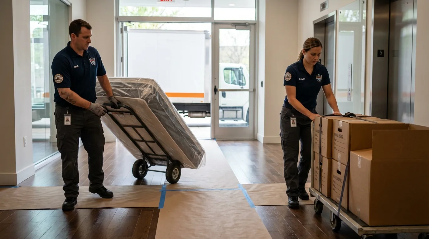 Professional apartment movers loading elevator in Woodbridge, CT