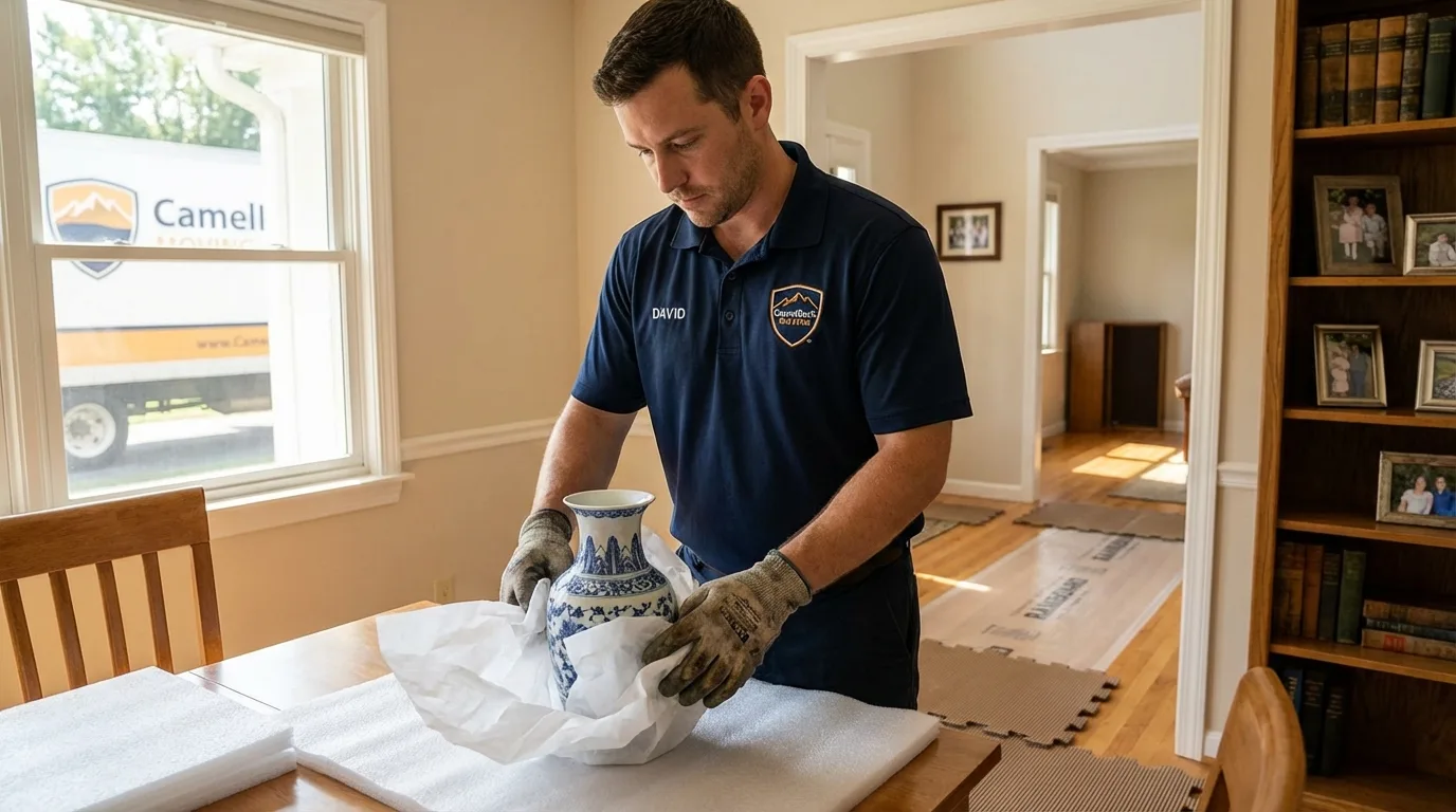 Professional crew carefully wrapping antique vase for senior downsizing move in Woodbridge, CT